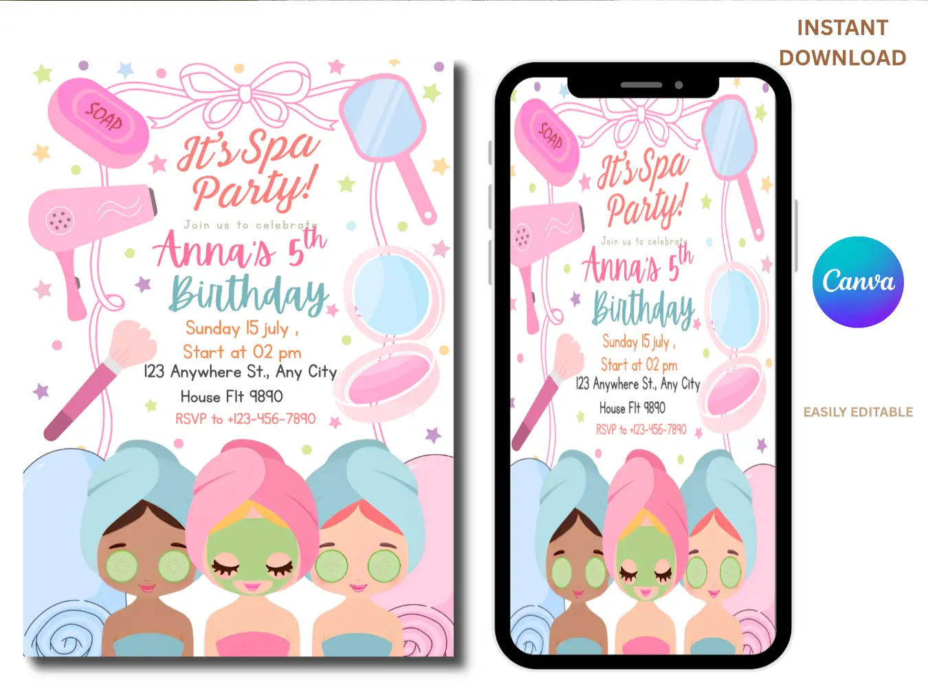 Spa Party Birthday Invitation for Girls | Cute Pamper Celebration Invite - Image 3