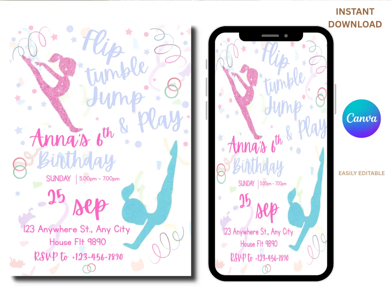 Girls Gymnastics Birthday Invitation | Flip Jump Celebrate Party Invite - Image 3