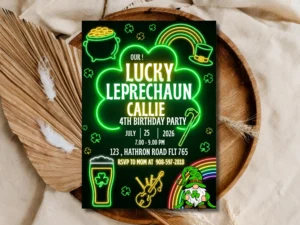 Lucky Leprechaun Birthday Invitation | Neon St. Patrick’s Day Party Invite