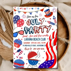 July Party Invitation Template | Red White & Blue BBQ Party Invite