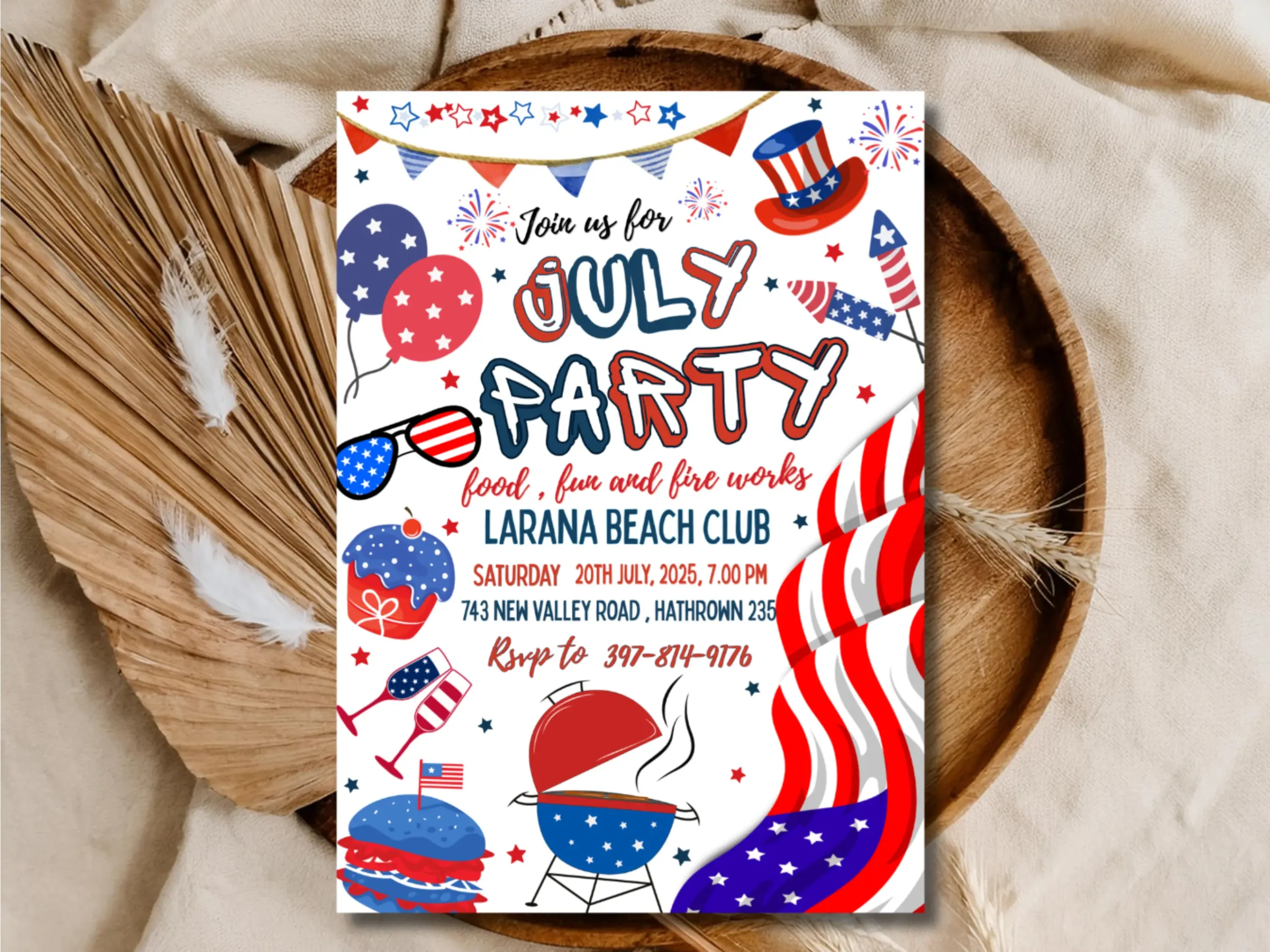 July Party Invitation Template | Red White & Blue BBQ Party Invite
