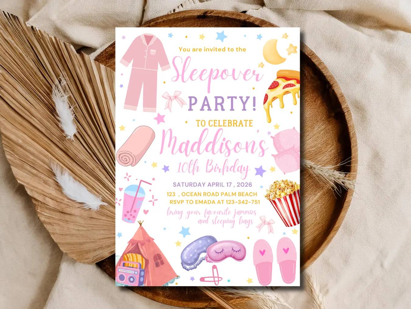 Pink Sleepover Party Invitation | Cute Girls Slumber Birthday Invite