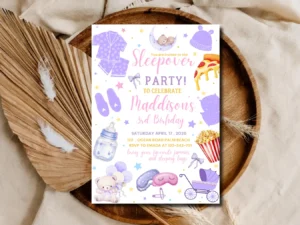 Kids Lavender Sleepover Celebration Invite