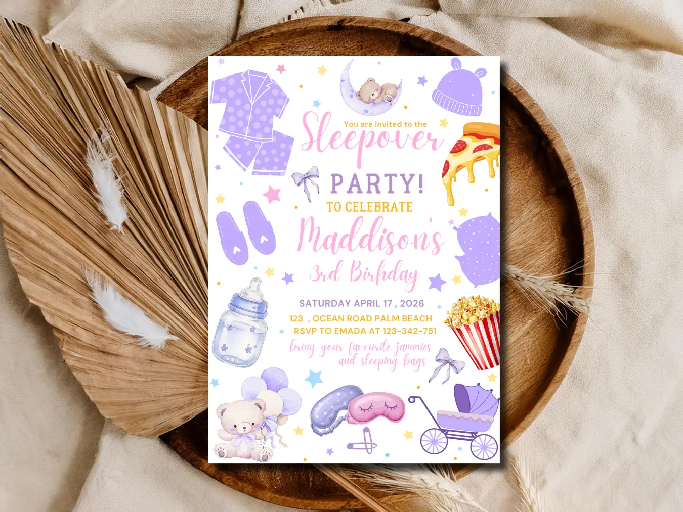 Kids Lavender Sleepover Celebration Invite