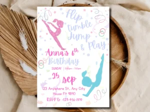 Girls Gymnastics Birthday Invitation | Flip Jump Celebrate Party Invite