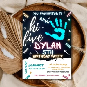 Neon Hi Five 5th Birthday Invitation | Glow Kids Party Invite Template