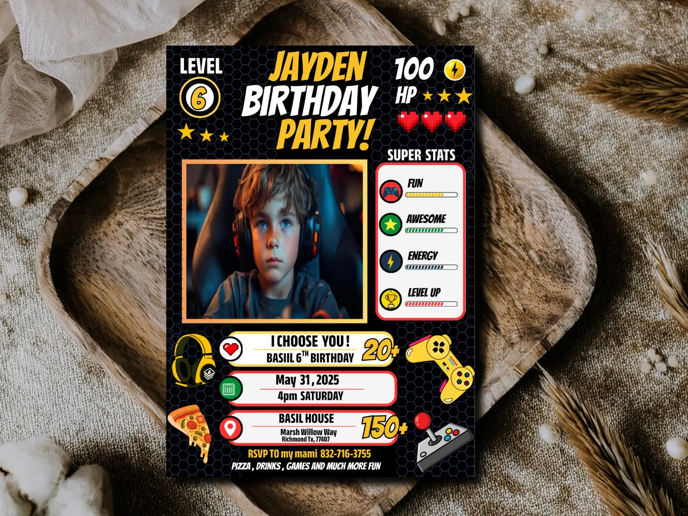 Video Game Birthday Invitation with Photo – Level Up Gamer Boy Party Printable Instant Download - Image 5