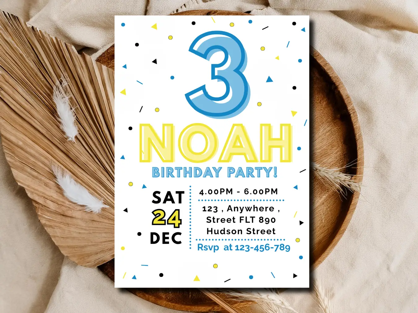 Blue Yellow Birthday Invitation – Personalized Boys Confetti Party Invite Printable Instant Download