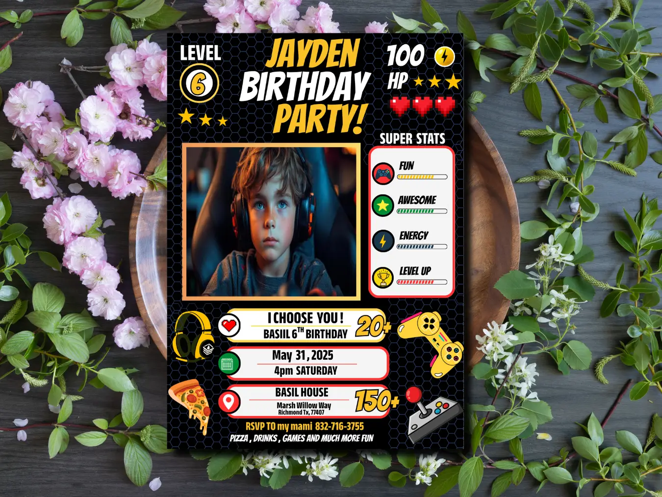 Video Game Birthday Invitation with Photo – Level Up Gamer Boy Party Printable Instant Download - Image 4
