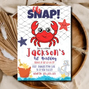 Cute Crab First Birthday Invitation – Personalized Under The Sea Party Invite Printable