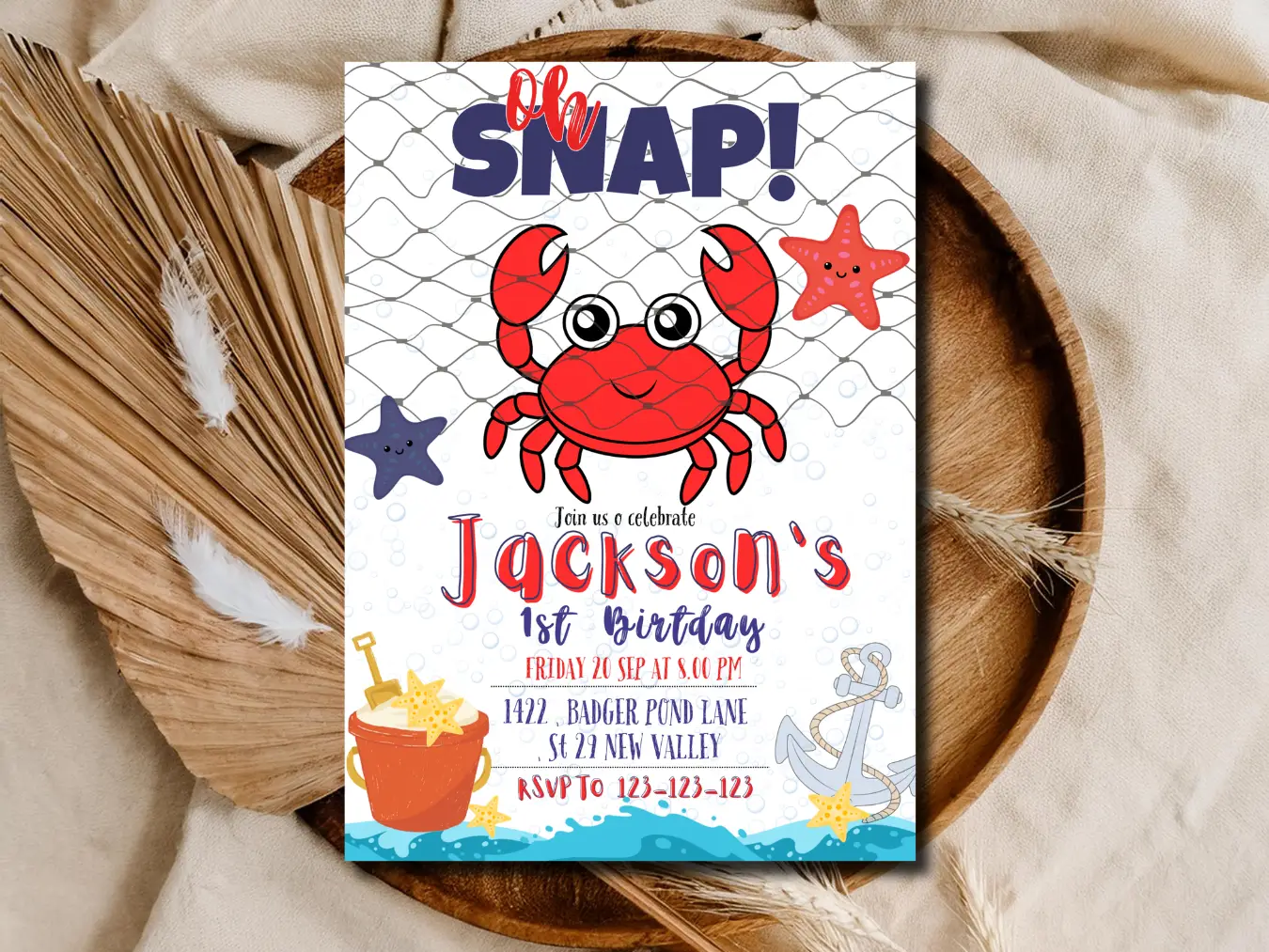 Cute Crab First Birthday Invitation – Personalized Under The Sea Party Invite Printable