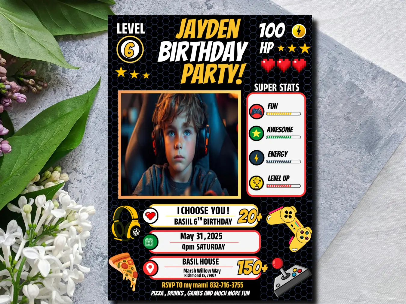 Video Game Birthday Invitation with Photo – Level Up Gamer Boy Party Printable Instant Download - Image 3