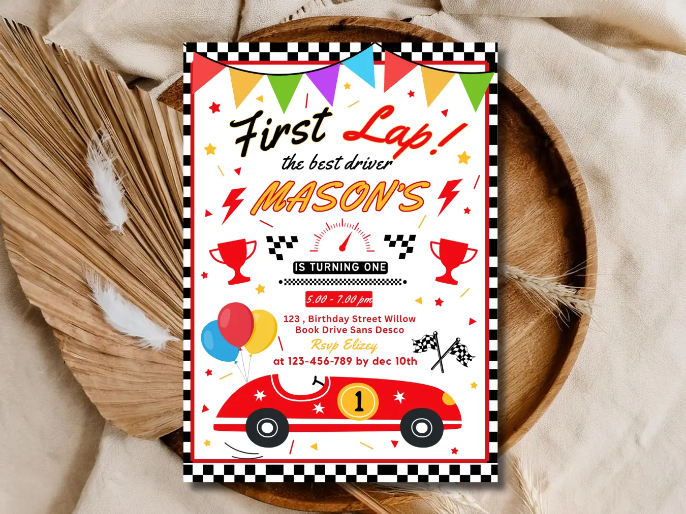 Race Car First Birthday Invitation – Personalized Boys Racing Invite Printable
