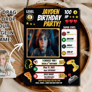 Video Game Birthday Invitation with Photo – Level Up Gamer Boy Party Printable Instant Download