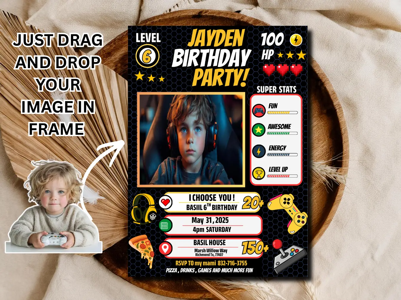 Video Game Birthday Invitation with Photo – Level Up Gamer Boy Party Printable Instant Download