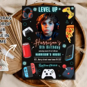 Video Game Birthday Invitation with Photo Frame – Level Up Neon Gamer Boy Printable