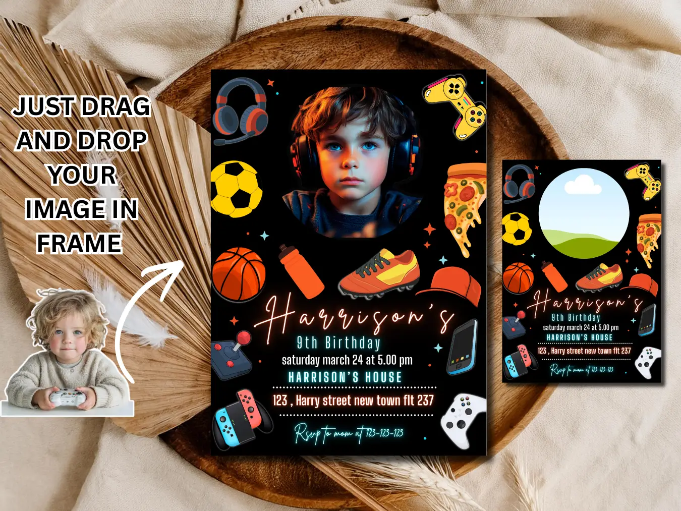 Sports Birthday Invitation with Photo Frame – Boys Soccer Basketball Gaming Printable Download