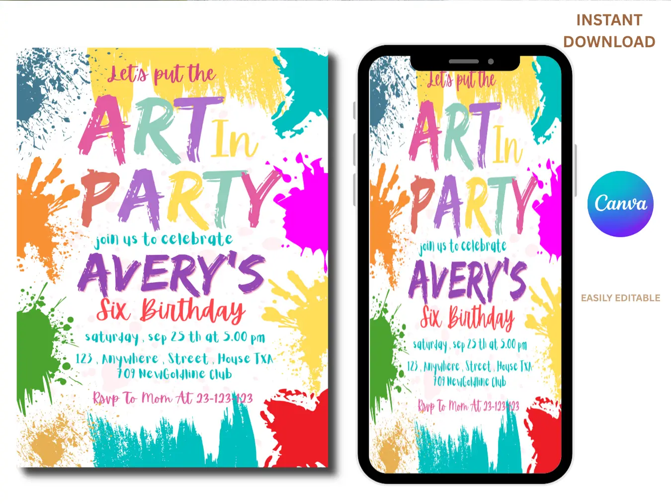 Art Party Birthday Invitation | Colorful Paint Splash Kids Party Invite - Image 2