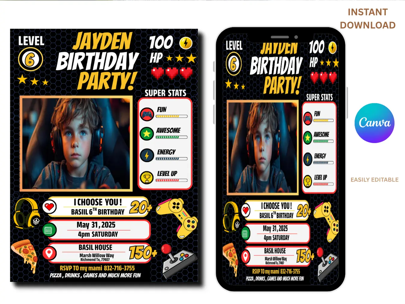 Video Game Birthday Invitation with Photo – Level Up Gamer Boy Party Printable Instant Download - Image 2