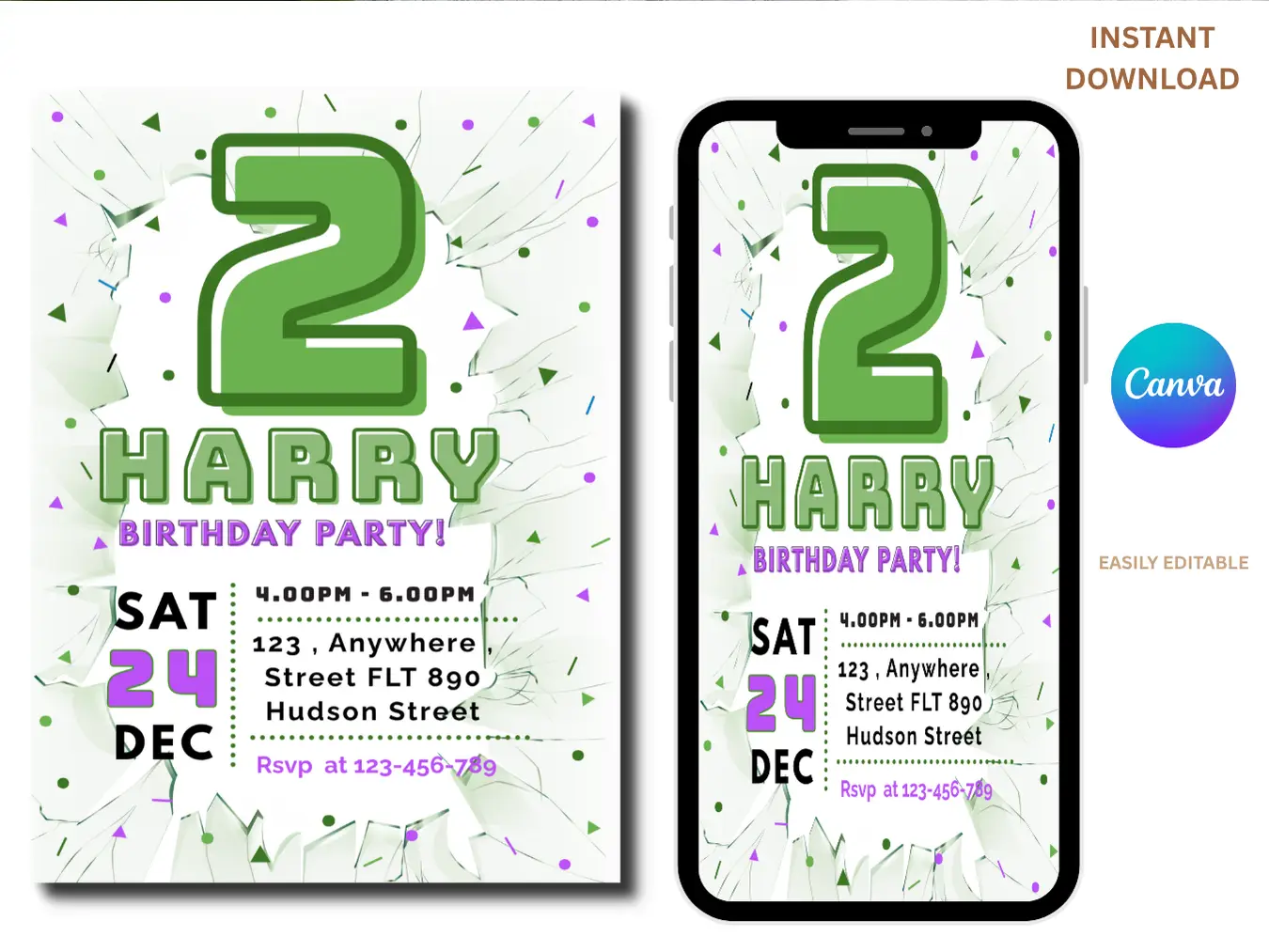 Super Hero 2nd Birthday Invitation | Green Hero Party Invite Template - Image 2