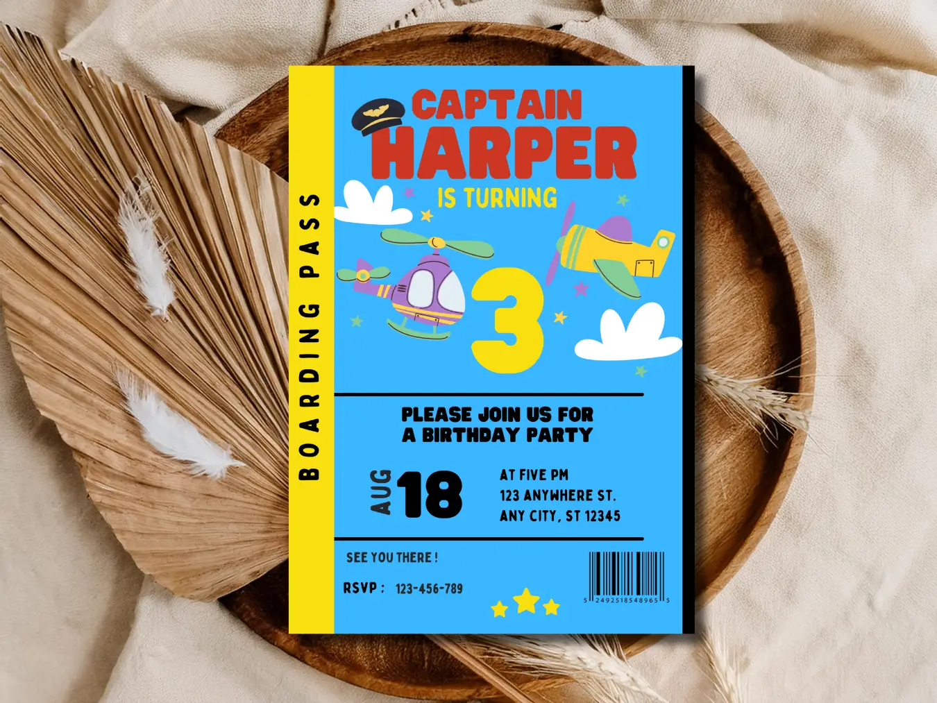Airplane 3rd Birthday Invitation | Boarding Pass Adventure Party Template