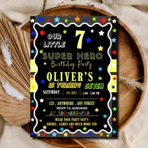 Superhero Birthday Invitation Template – Editable & Printable Our Little Super Hero 7th Boys Party Invite