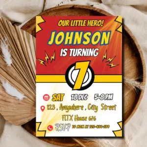 Super Hero 1st Birthday Invitation | Red Comic Hero Party Invite