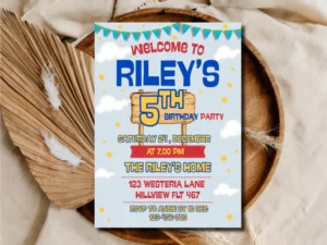 Simple Kids Birthday Invitation | Editable Blue Bunting Party Invite | Any Age Printable Template