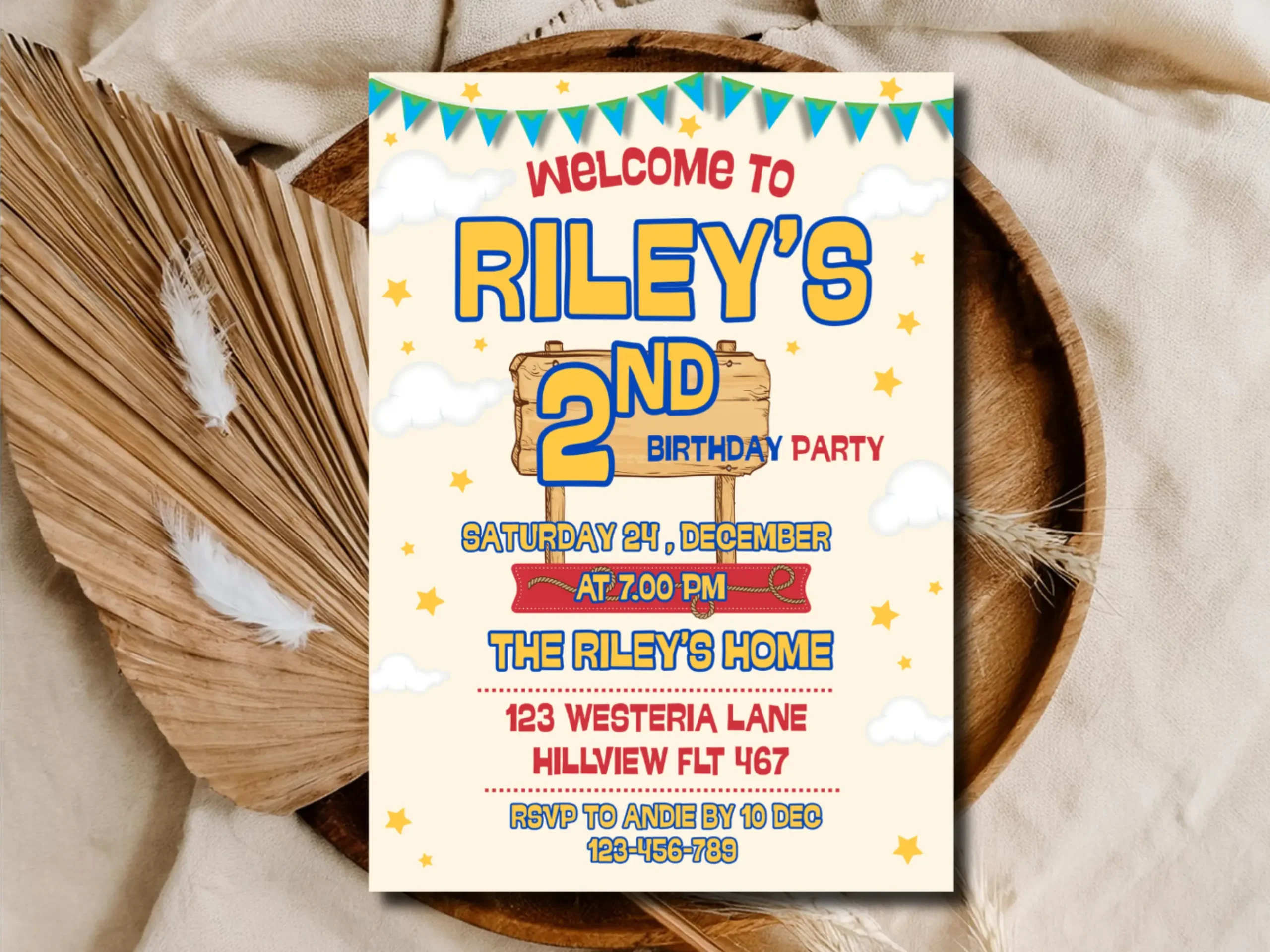 Rustic Wooden Sign Birthday Invitation | Editable Cream Bunting Party Invite | Any Age Printable