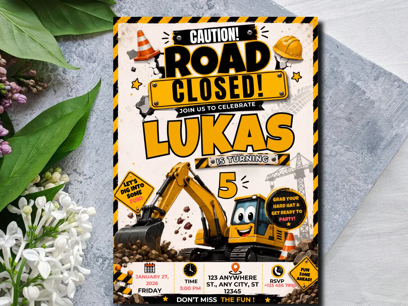 Excavator Birthday Invitation | Construction Birthday Party Template - Image 3