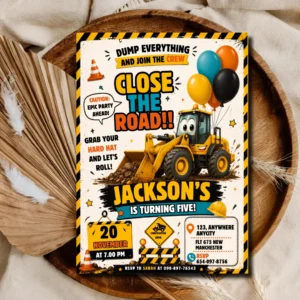Construction Theme Birthday Invitation | Excavator Birthday Party Invite