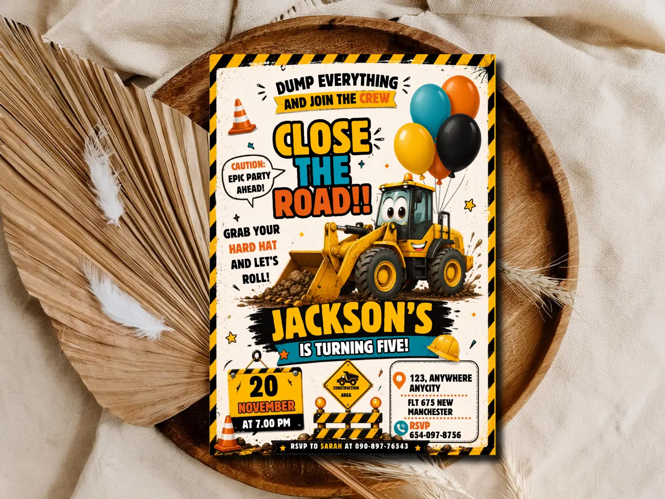Construction Theme Birthday Invitation | Excavator Birthday Party Invite