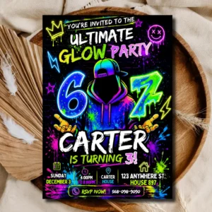 6 7 Meme Glow Party Birthday Invitation | Editable Neon Digital Template