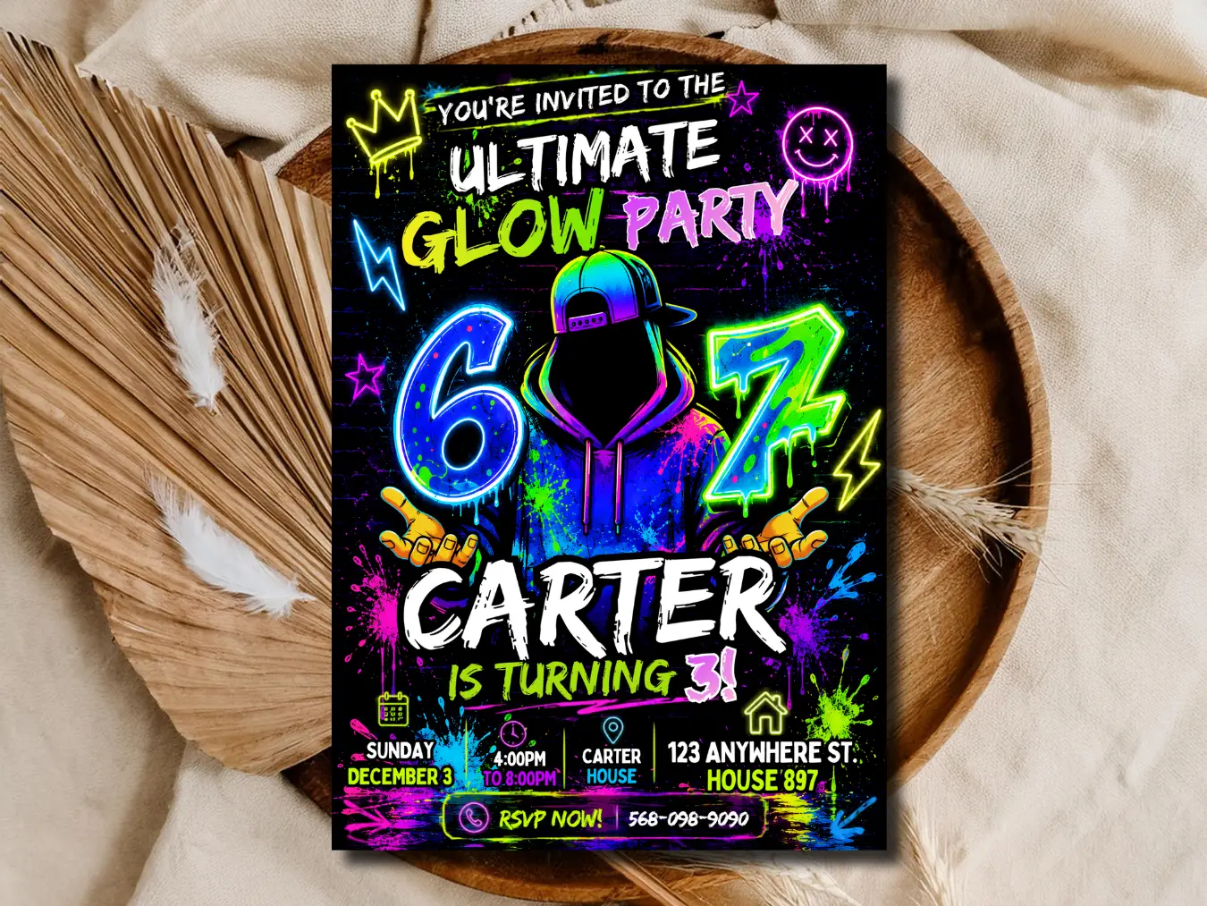 6 7 Meme Glow Party Birthday Invitation | Editable Neon Digital Template