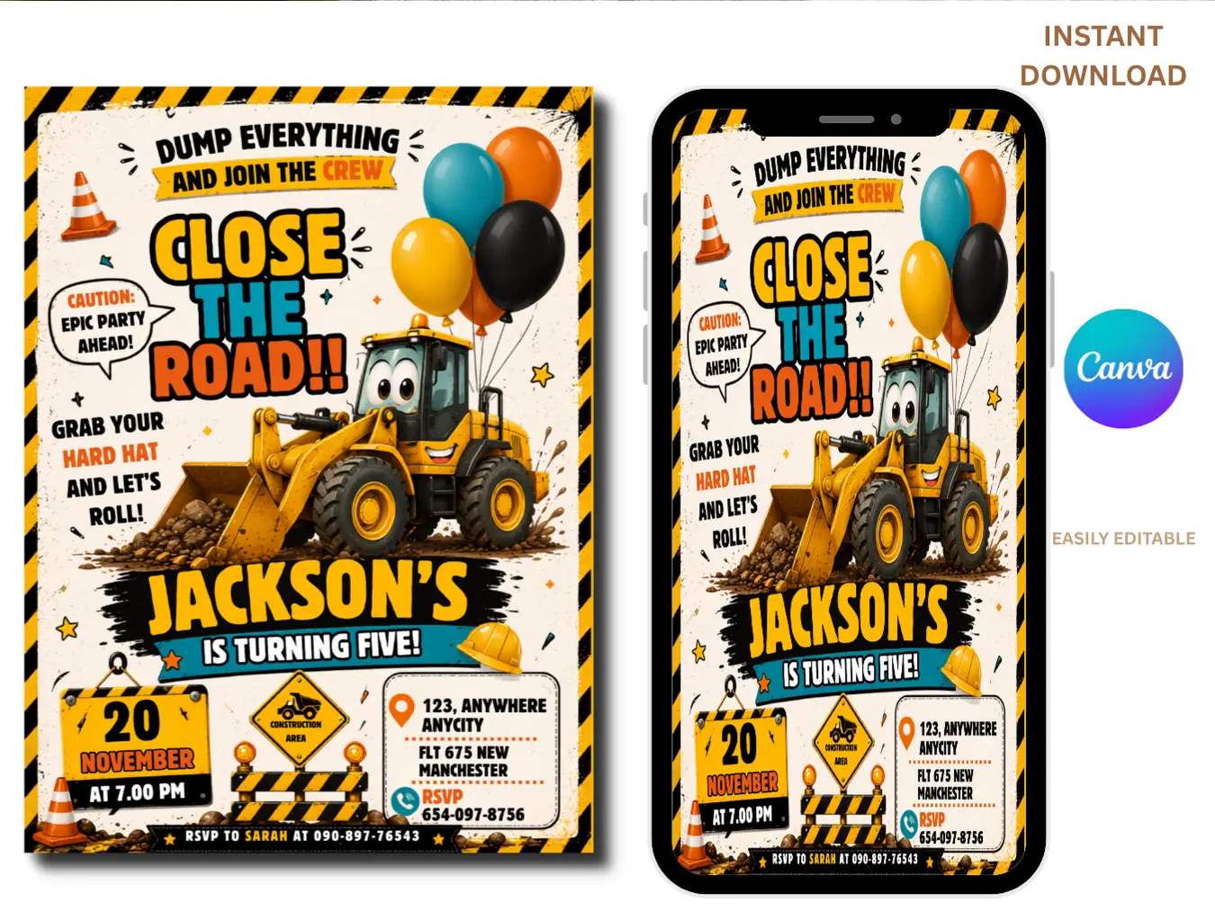 Construction Theme Birthday Invitation | Excavator Birthday Party Invite - Image 2
