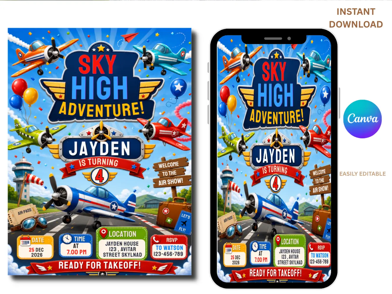 Sky High Adventure Birthday Invitation Editable | Airplane Party Template - Image 2