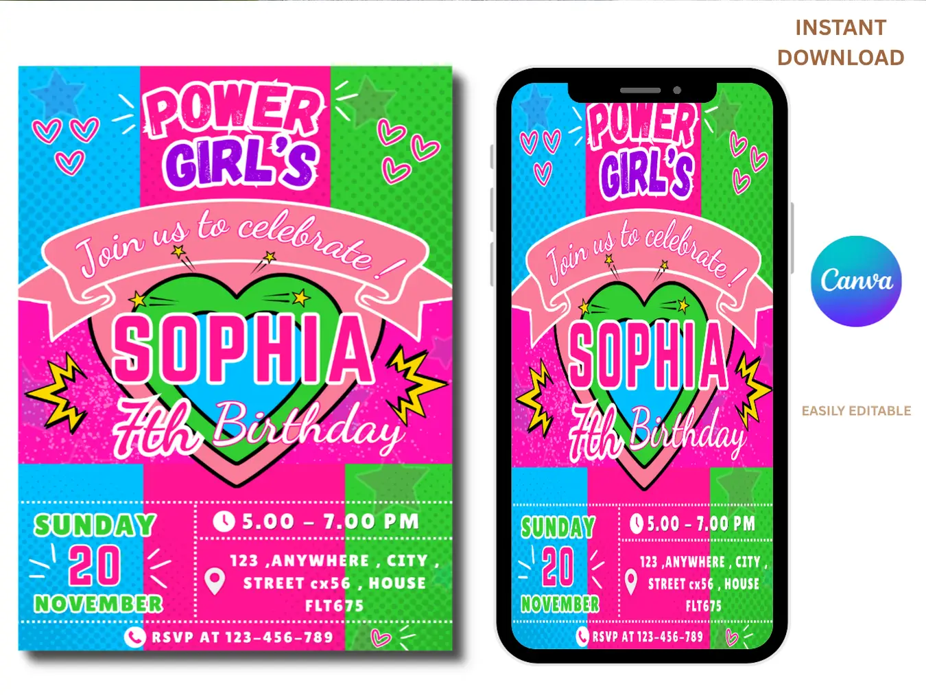 Power Girls Birthday Party Invitation | Editable Comic Girl Template - Image 2