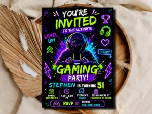 Gaming Birthday Invitation | Neon Video Game Party Invite Template for Kids | Editable Gamer Birthday Invitation | Level Up Birthday Party | Digital Download