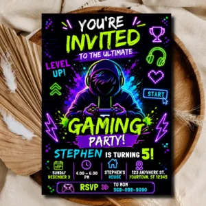 Gaming Birthday Invitation | Neon Video Game Party Invite Template for Kids | Editable Gamer Birthday Invitation | Level Up Birthday Party | Digital Download