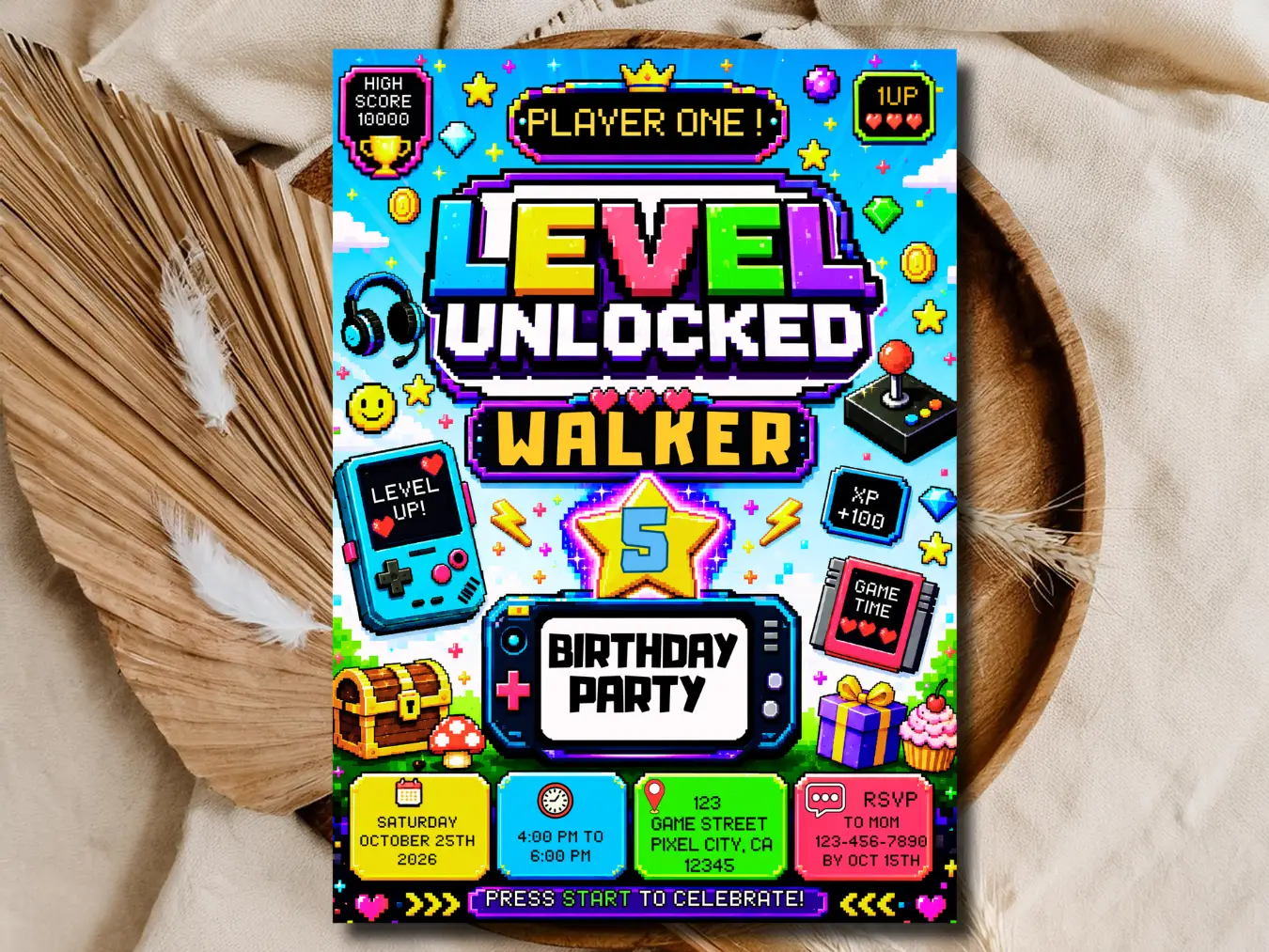 Level Up Pixel Gaming Birthday Invitation | Editable 8-Bit Video Game Template