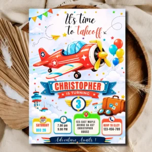 Airplane Birthday Invitation Editable | Time to Takeoff Aviation Party Template