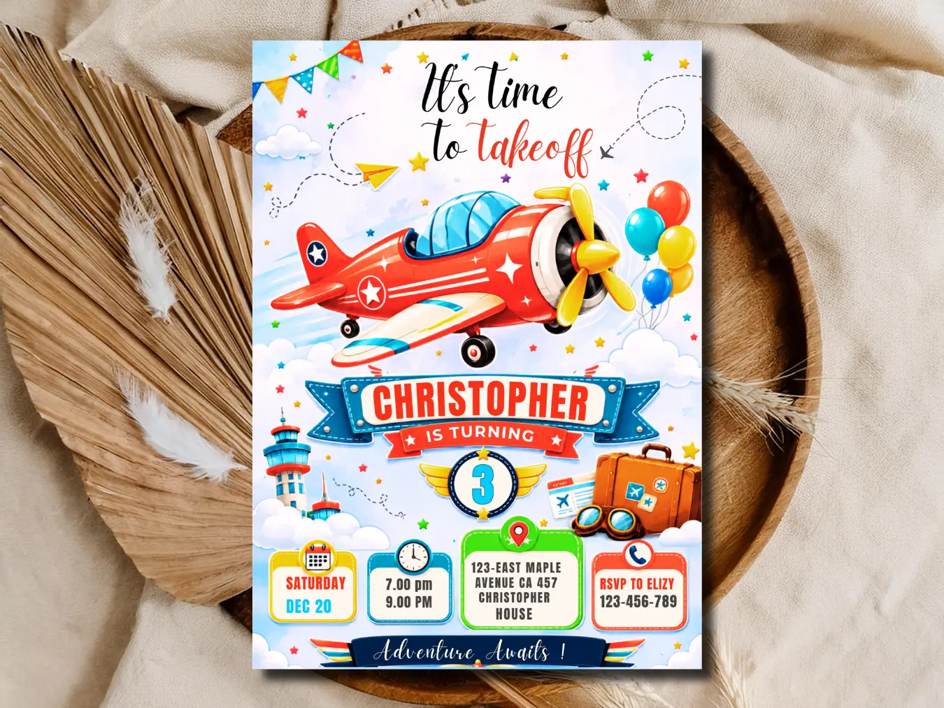 Airplane Birthday Invitation Editable | Time to Takeoff Aviation Party Template