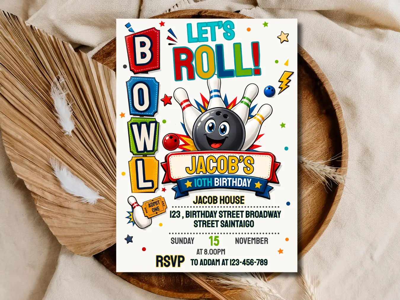 Bowling Birthday Invitation - Let's Roll Editable Template