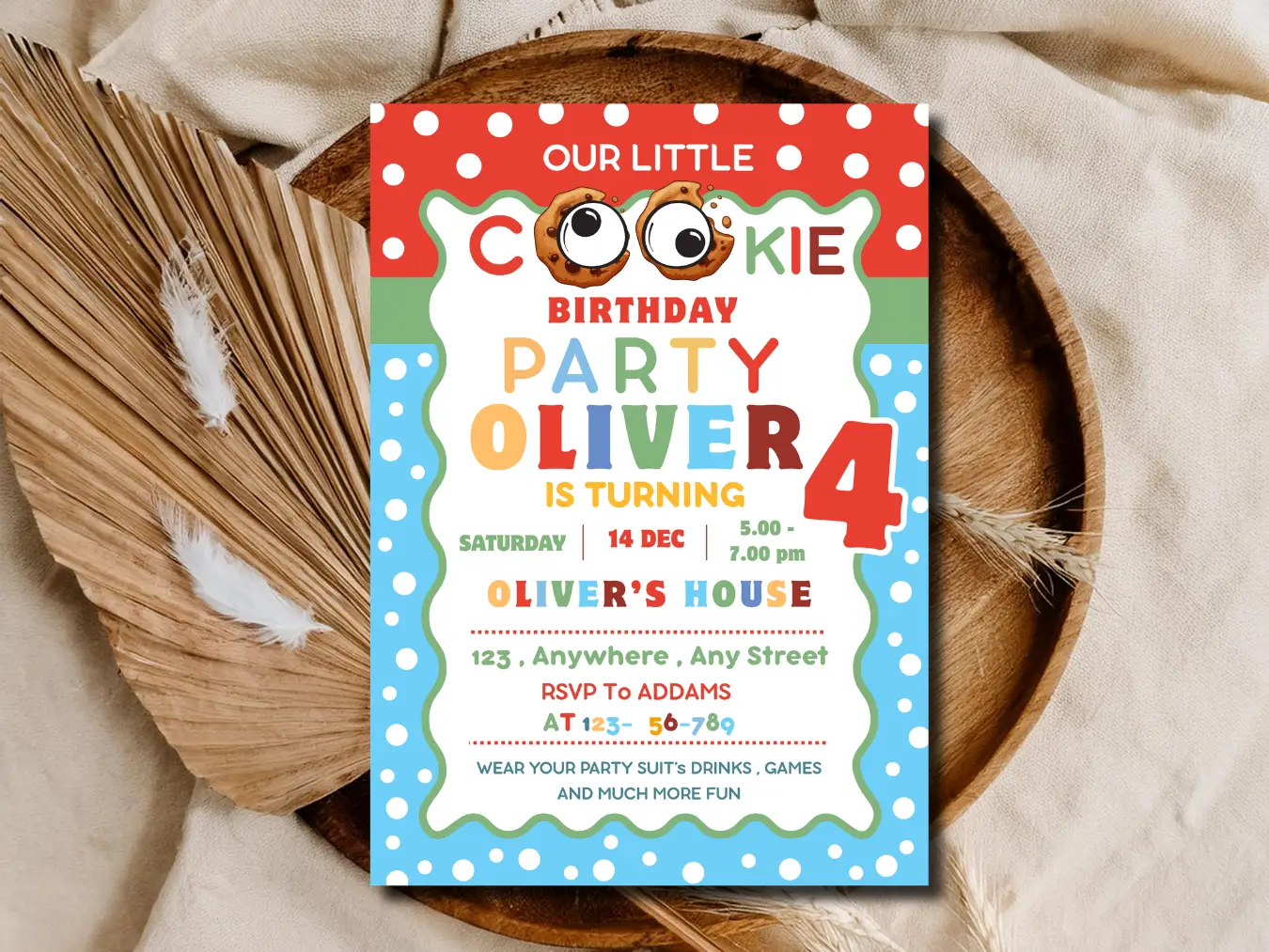 Our Little Cookie Birthday Invitation – Colorful Polka Dot Kids Party Invite Printable Instant Download