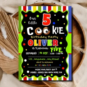 Our Little Cookie Turning Five Invitation – Colorful Rainbow Stripe 5th Birthday Printable Download
