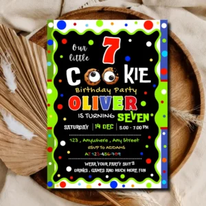 Colourful cookie kids birthday invitation template | Editable Green Polka Dot Chocolate Cookie invite