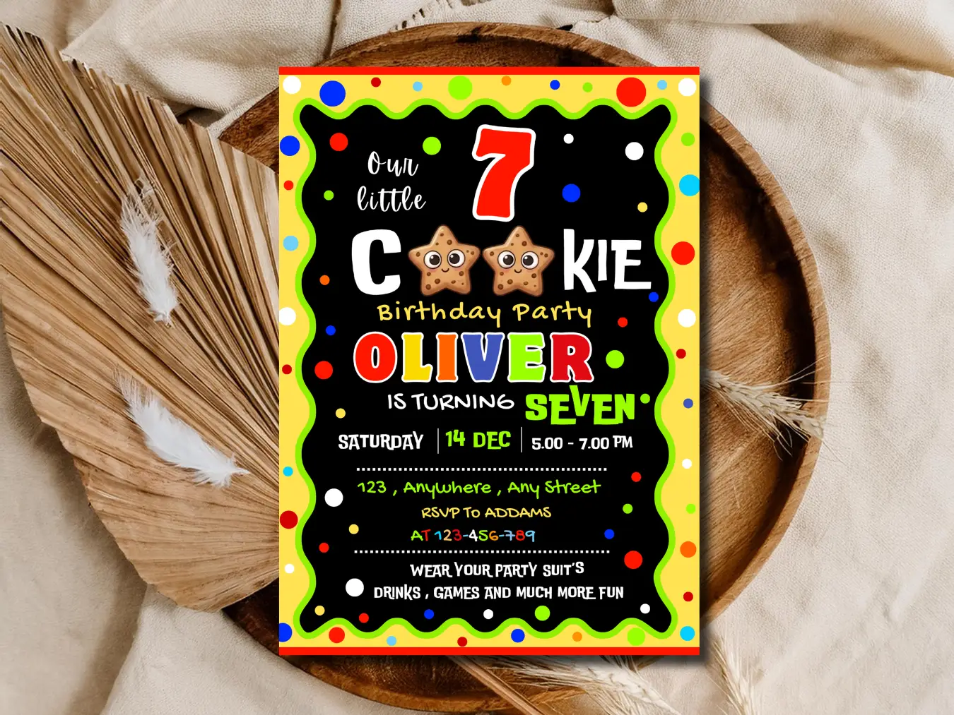 Editable Star Cookie 7th Birthday Invite – Our Little Cookie Yellow Theme | Custom Name & Age