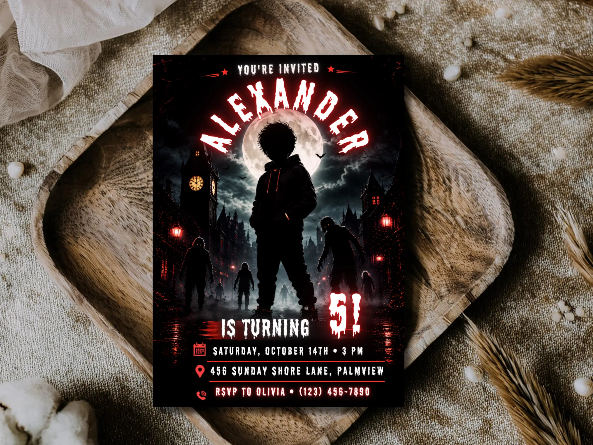 Zombie Halloween Birthday Invitation Editable, Spooky Boy Birthday Invite Template, Full Moon Halloween Party Instant Download - Image 5