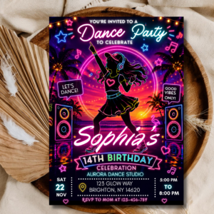 Dance Party Birthday Invitation Editable, Neon Sunset Beach Dance Invite, Aesthetic Girls Party Template