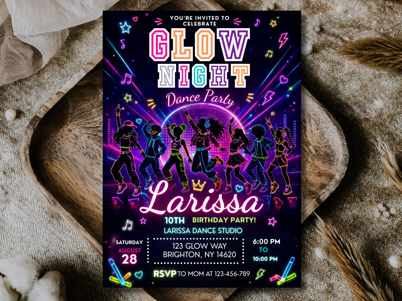 Glow Night Dance Party Birthday Invitation Editable, Neon Group Dance Invite, Kids Teen Birthday Template Canva - Image 5